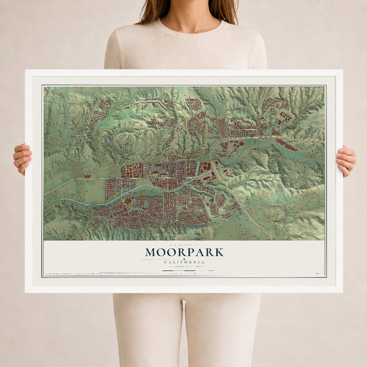 Map of Moorpark, California, 24 x 36 inch print in a white wood frame