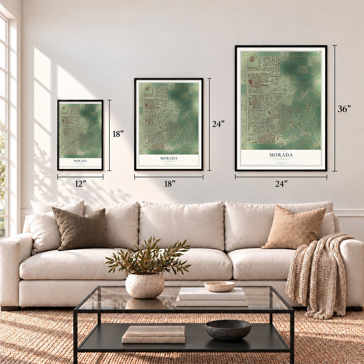 Morada, California map in 12 x 18, 18 x 24 and 24 x 36 inch sizes above a sofa