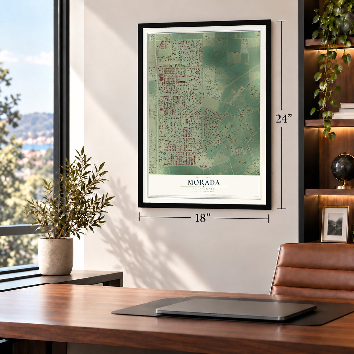 Morada, California map, 18 x 24 inch print in a black frame in a home office