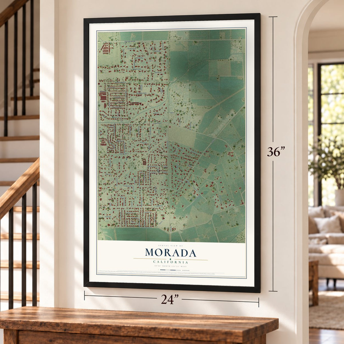 Morada, California map, 24 x 36 inch print in a black frame by a staircase