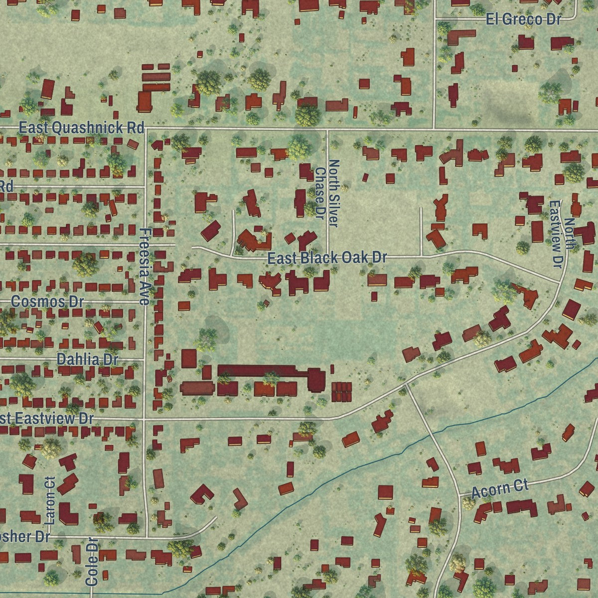Close-up of the map of Morada, California print showing street and building detail