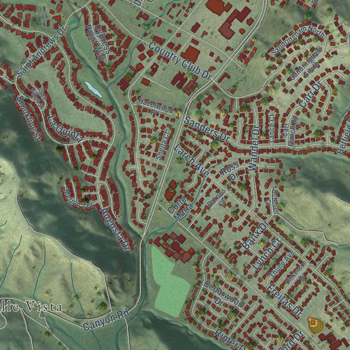 Close-up of the map of Moraga, California print showing street and building detail