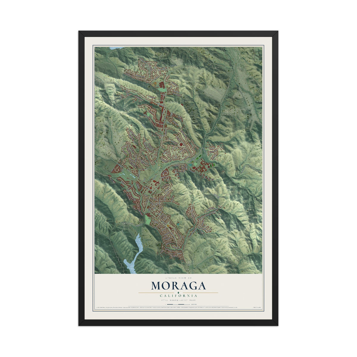 Map of Moraga, California, 12 x 18 inch print in a black wood frame