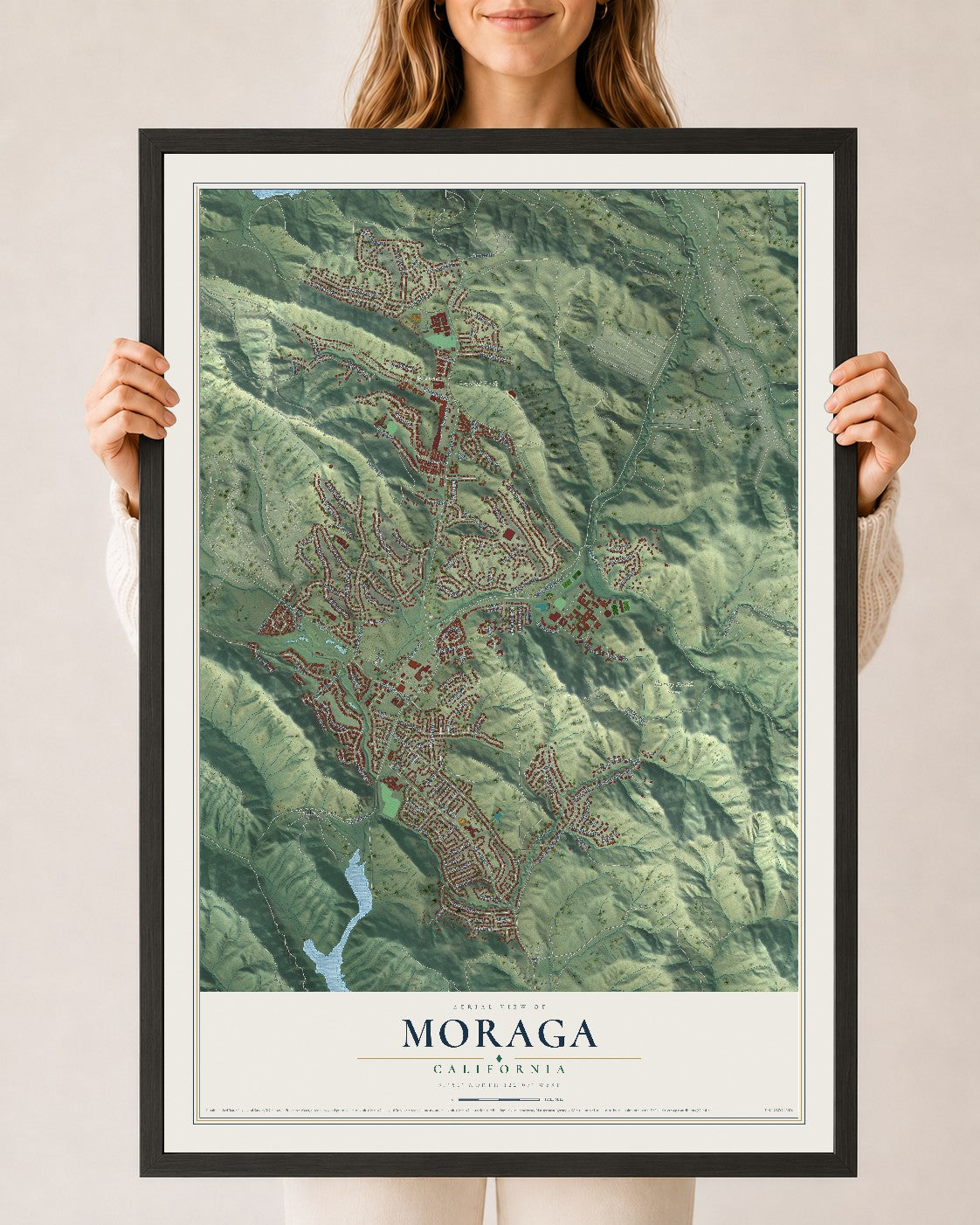 Map of Moraga, California, 24 x 36 inch print in a black wood frame