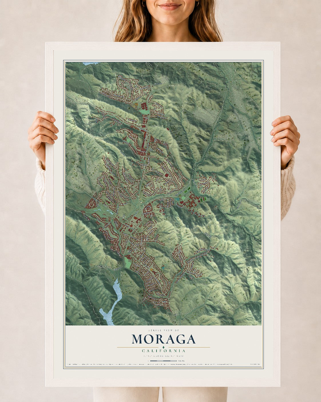 Map of Moraga, California, 24 x 36 inch print in a white wood frame