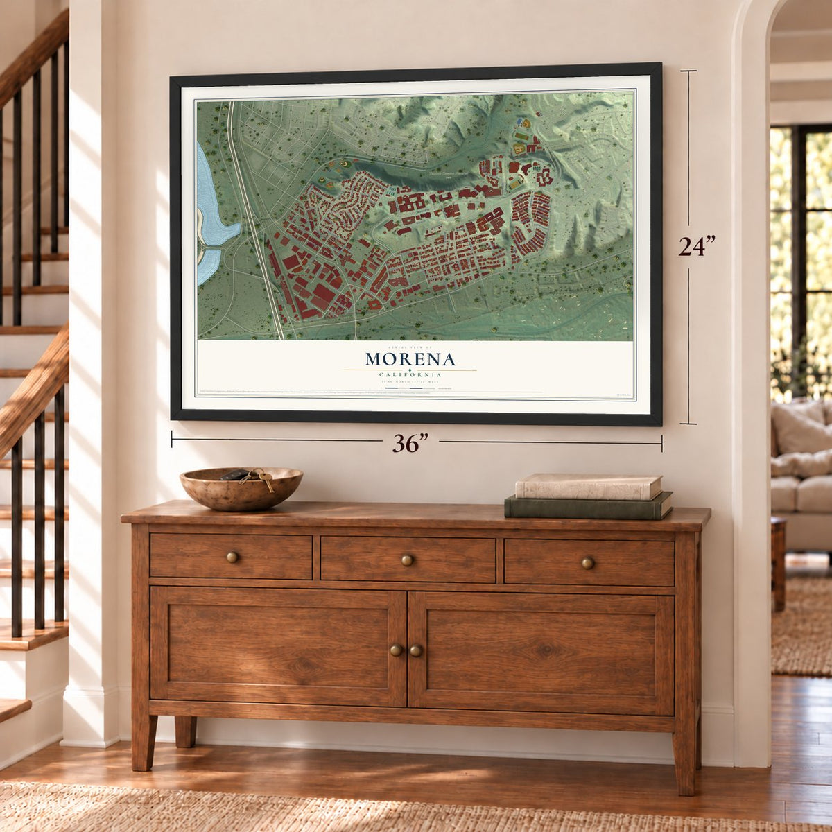 Morena, California map, 24 x 36 inch print in a black frame above a dresser by a staircase