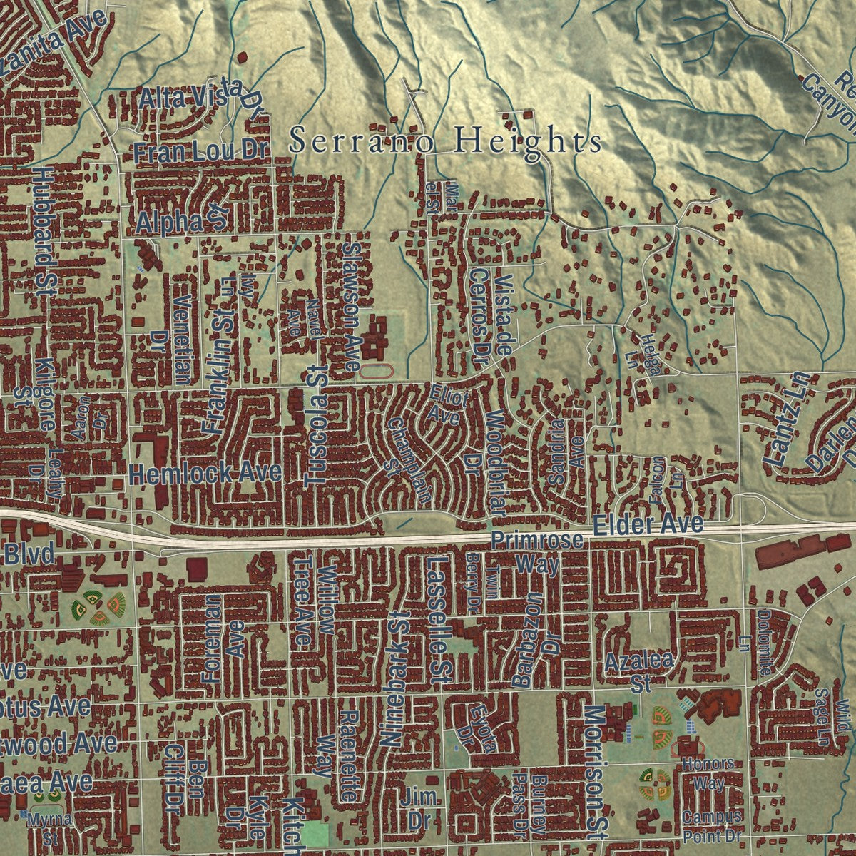 Second close-up of the map of Moreno Valley, California print showing more streets and buildings