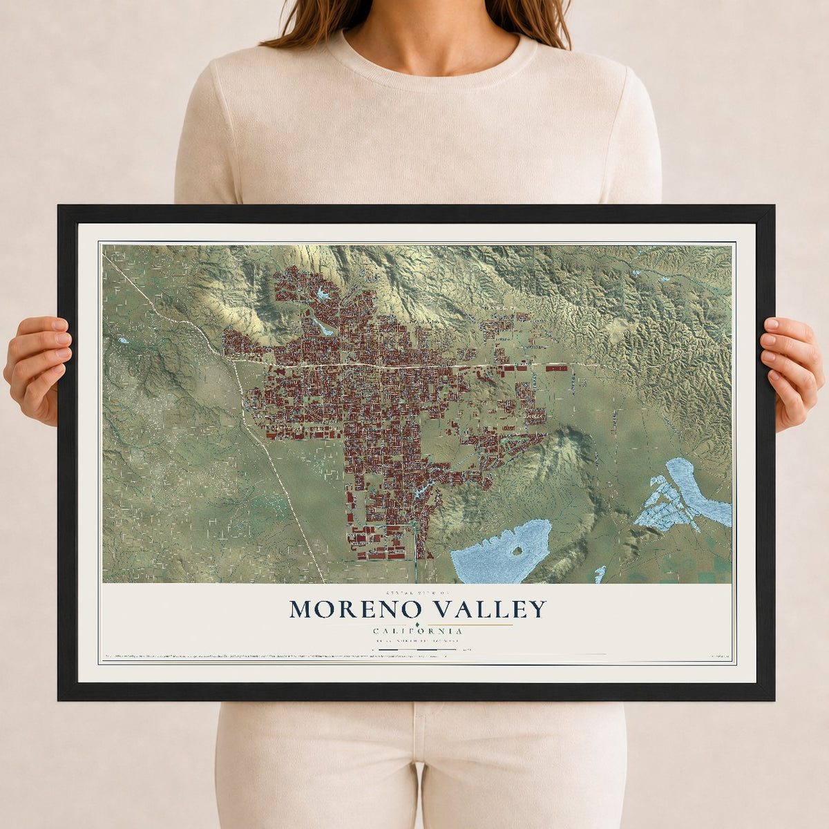 Map of Moreno Valley, California, 12 x 18 inch print in a black wood frame
