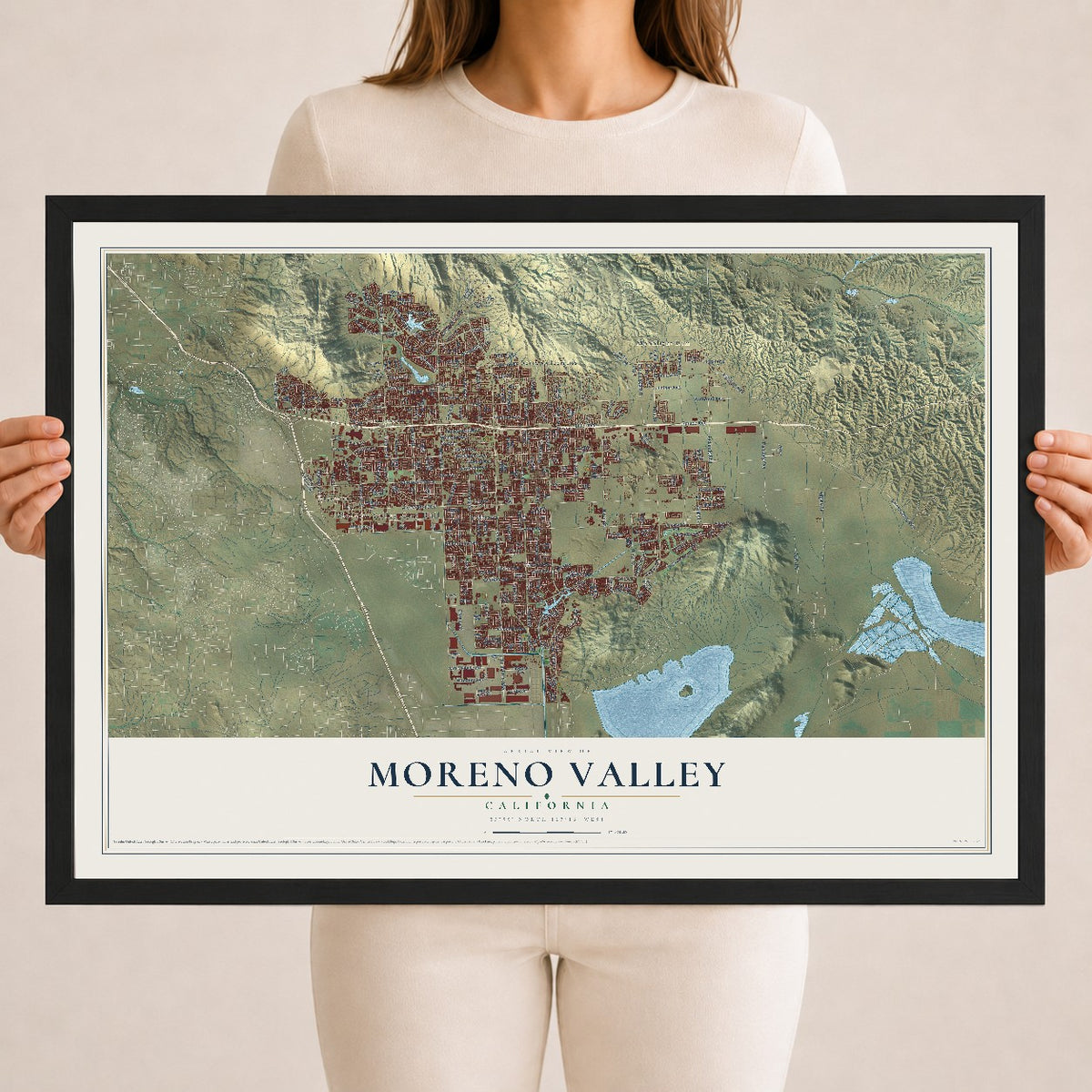 Map of Moreno Valley, California, 18 x 24 inch print in a black wood frame