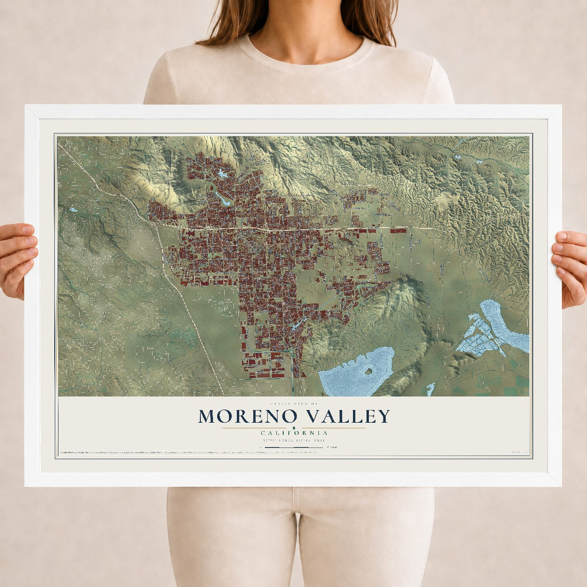 Map of Moreno Valley, California, 18 x 24 inch print in a white wood frame