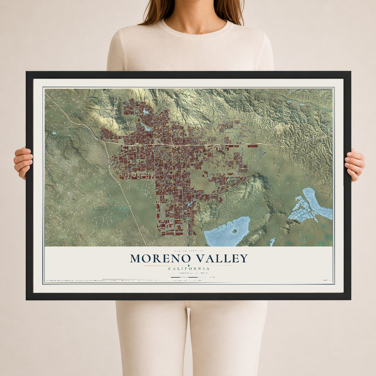Map of Moreno Valley, California, 24 x 36 inch print in a black wood frame