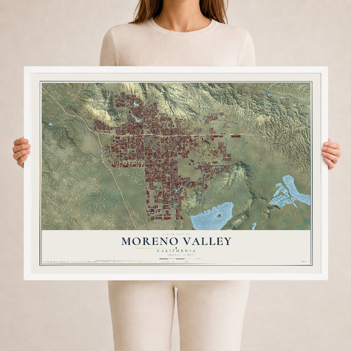 Map of Moreno Valley, California, 24 x 36 inch print in a white wood frame
