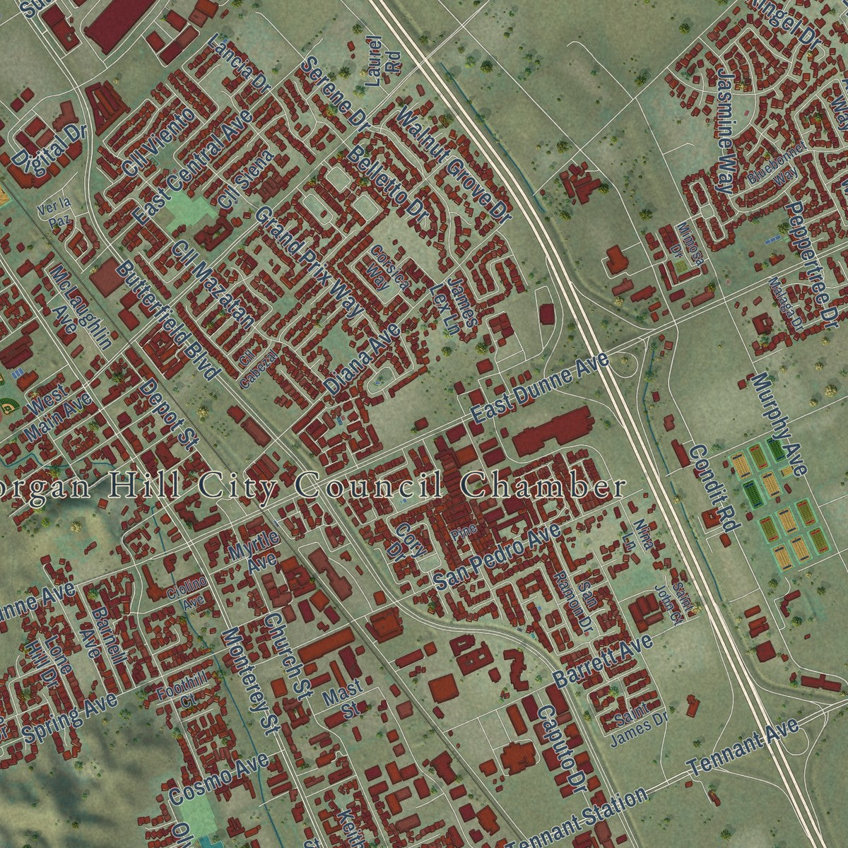Close-up of the map of Morgan Hill, California print showing street and building detail