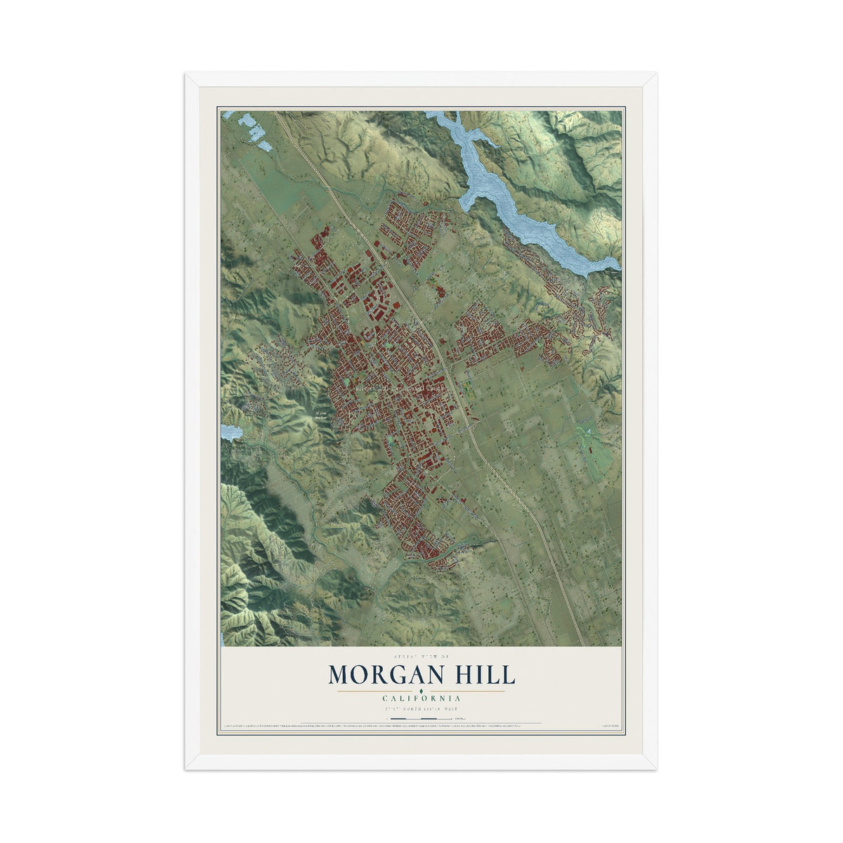 Map of Morgan Hill, California, 12 x 18 inch print in a white wood frame