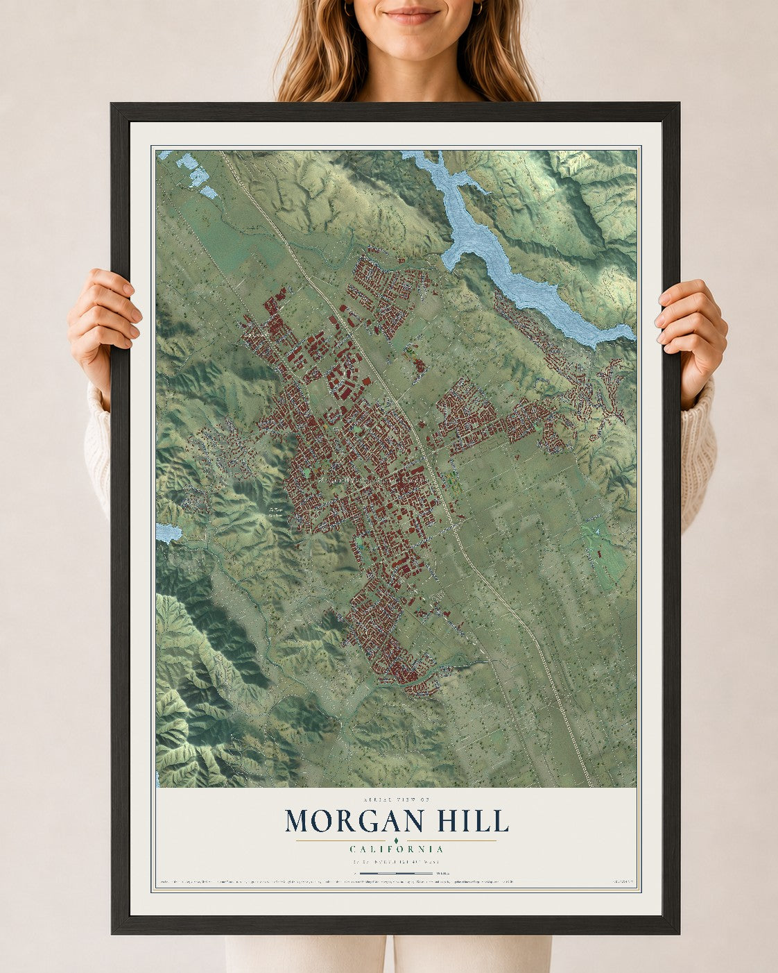 Map of Morgan Hill, California, 24 x 36 inch print in a black wood frame