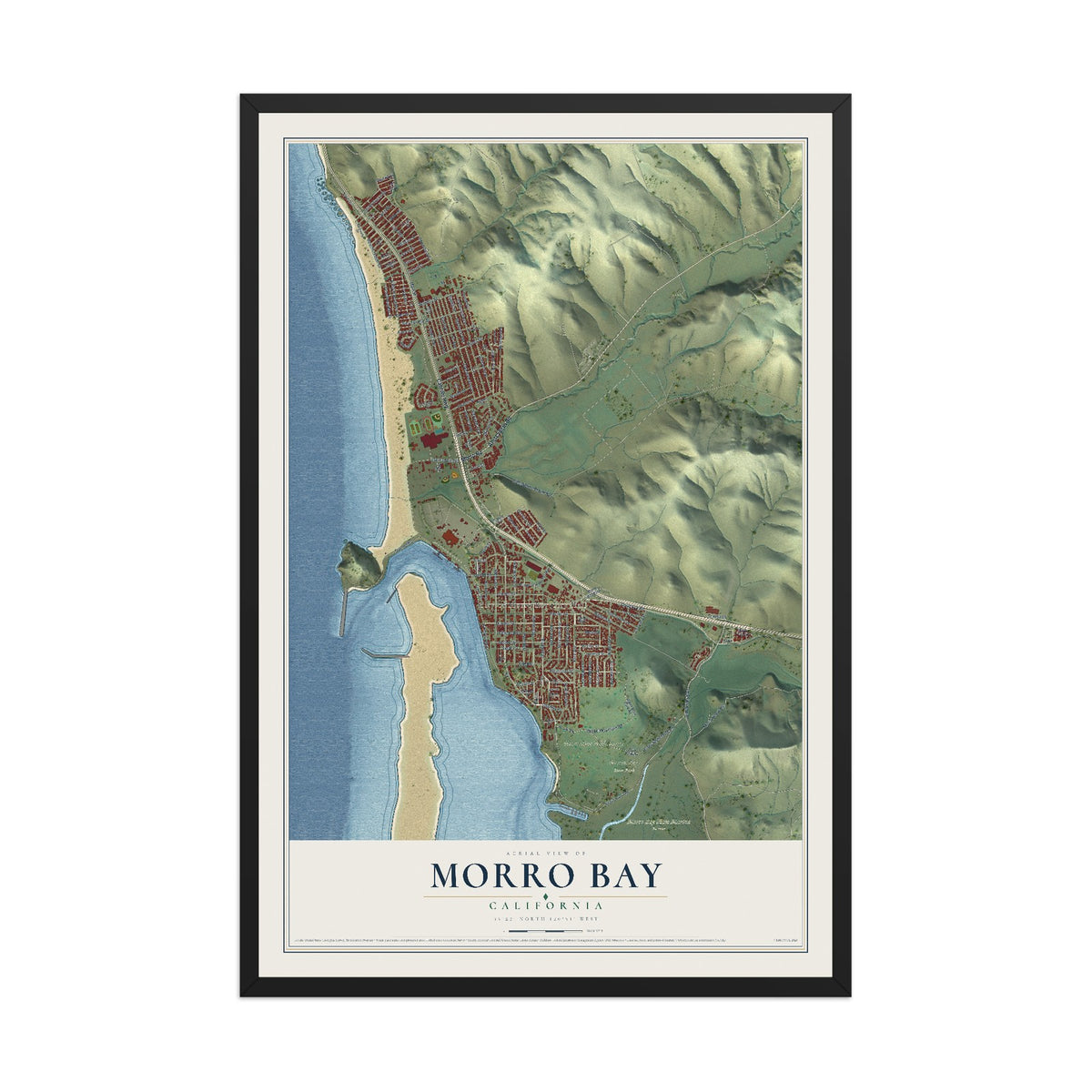 Map of Morro Bay, California, 12 x 18 inch print in a black wood frame