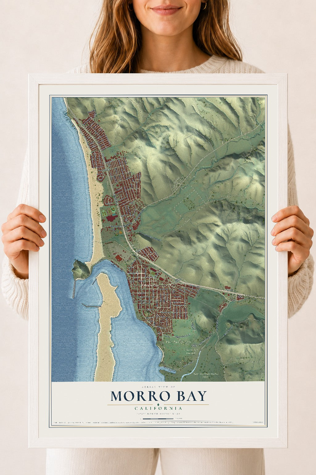 Map of Morro Bay, California, 18 x 24 inch print in a white wood frame
