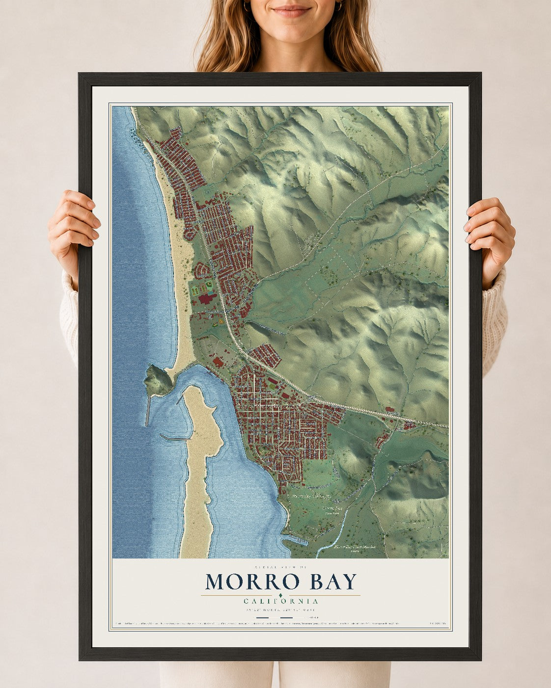 Map of Morro Bay, California, 24 x 36 inch print in a black wood frame