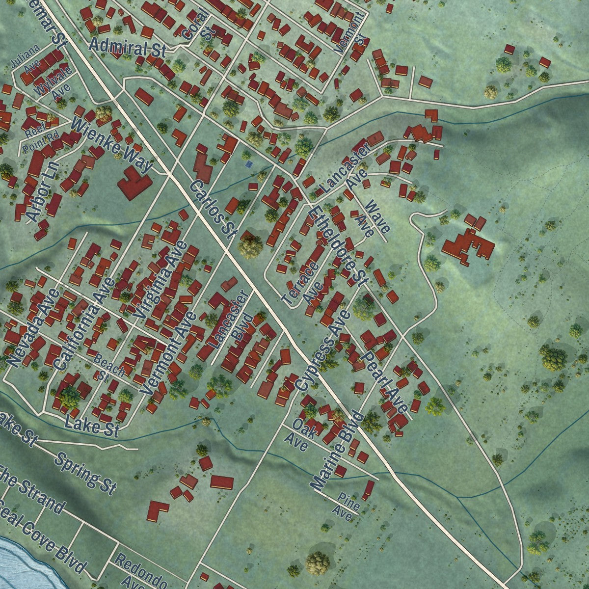 Close-up of the map of Moss Beach, California print showing street and building detail