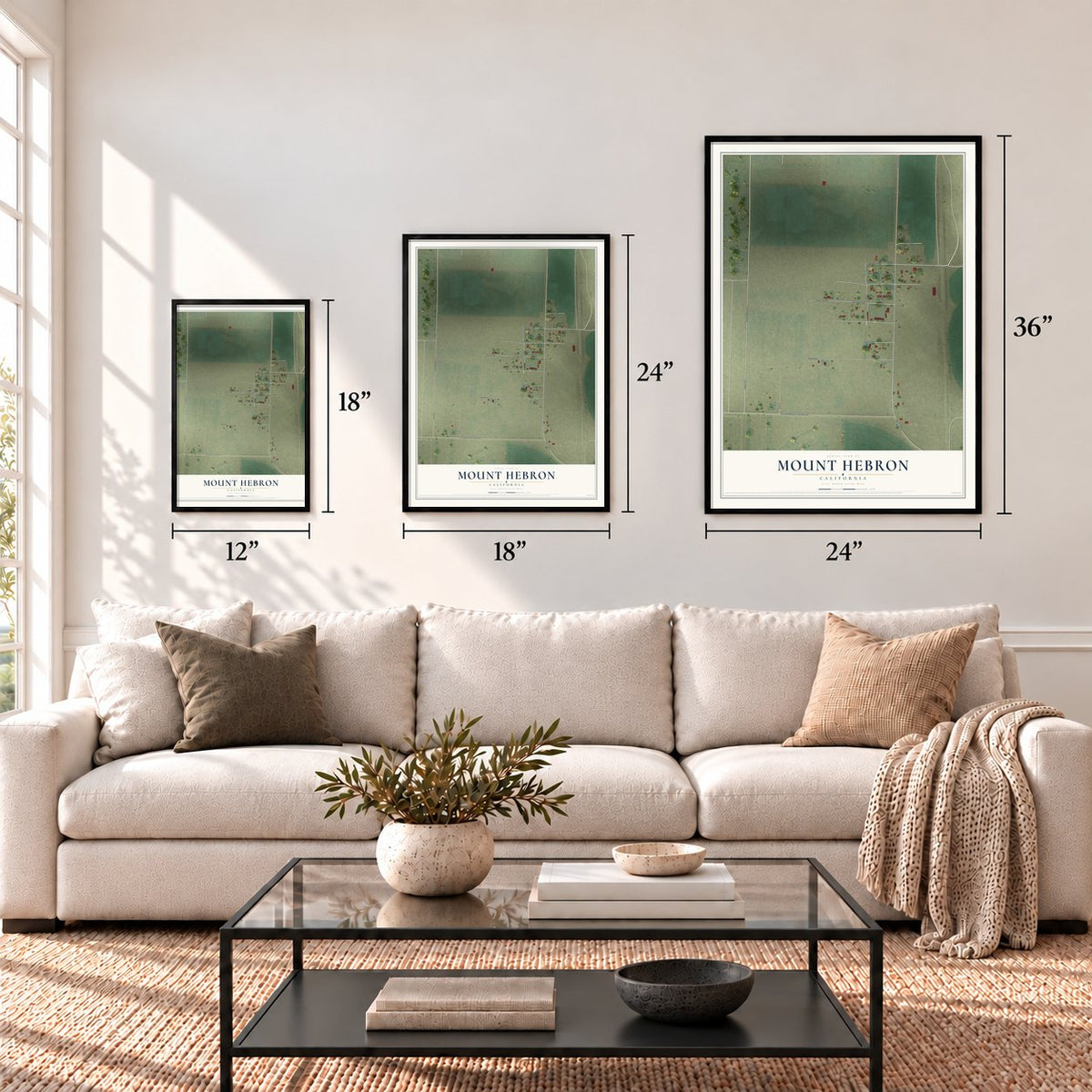 Mount Hebron, California map in 12 x 18, 18 x 24 and 24 x 36 inch sizes above a sofa