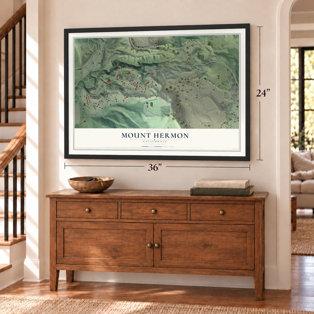 Mount Hermon, California map, 24 x 36 inch print in a black frame above a dresser by a staircase