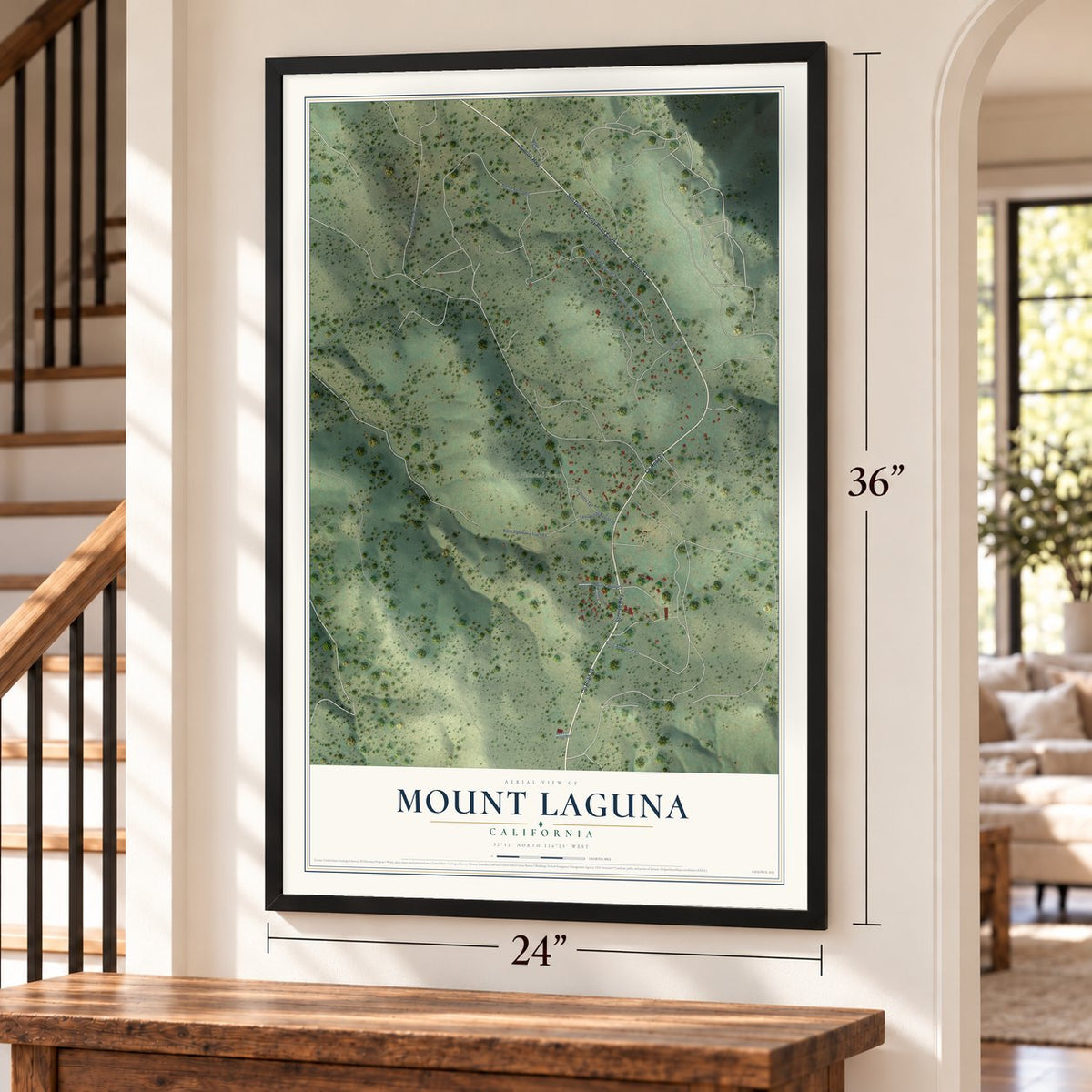 Mount Laguna, California map, 24 x 36 inch print in a black frame by a staircase