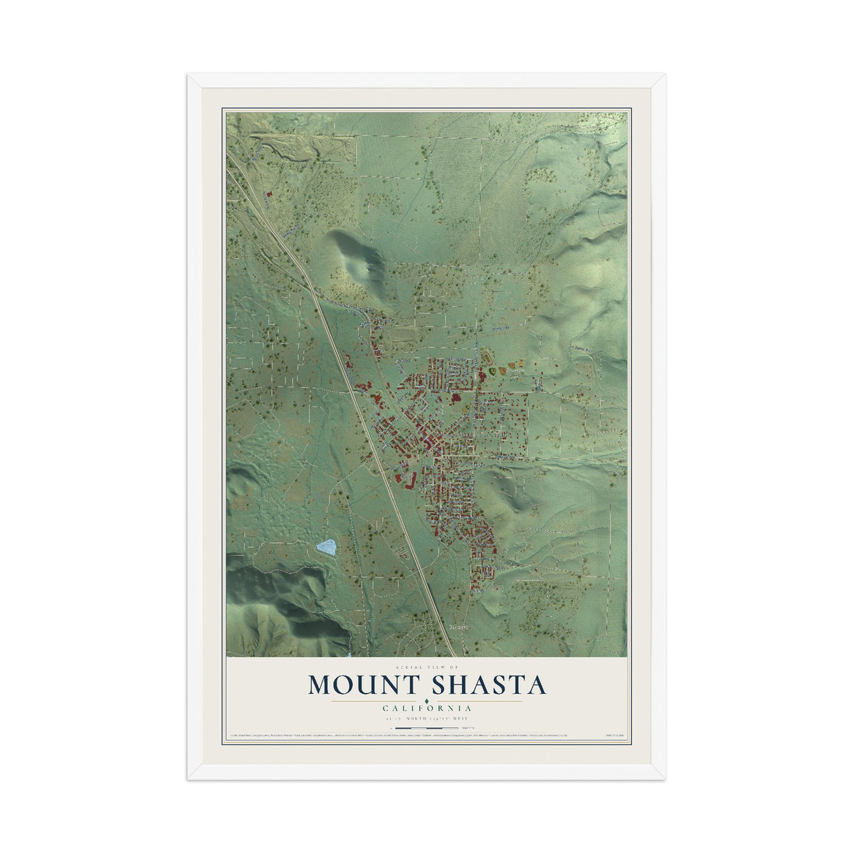 Map of Mount Shasta, California, 12 x 18 inch print in a white wood frame