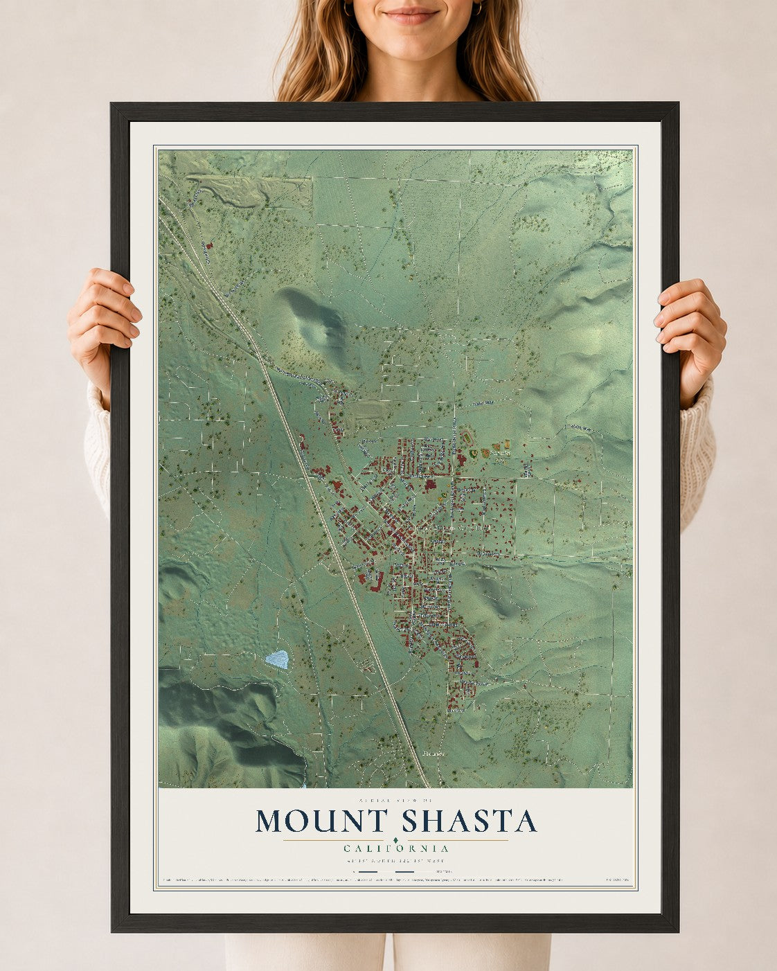 Map of Mount Shasta, California, 24 x 36 inch print in a black wood frame