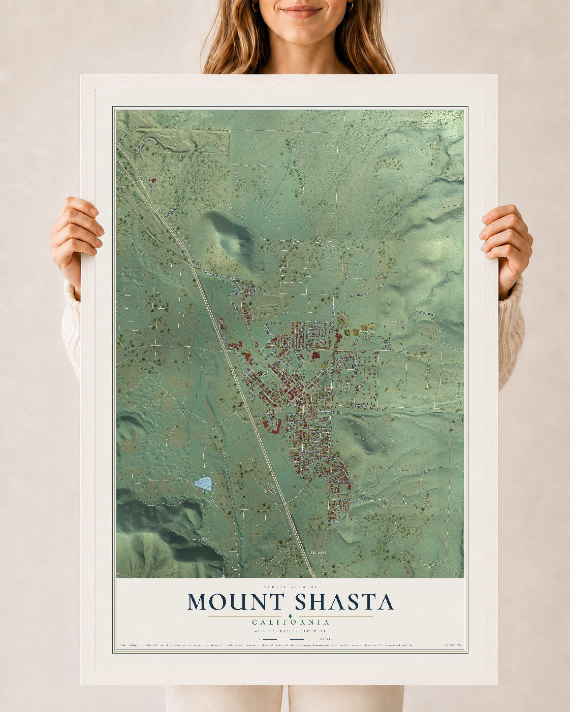 Map of Mount Shasta, California, 24 x 36 inch print in a white wood frame