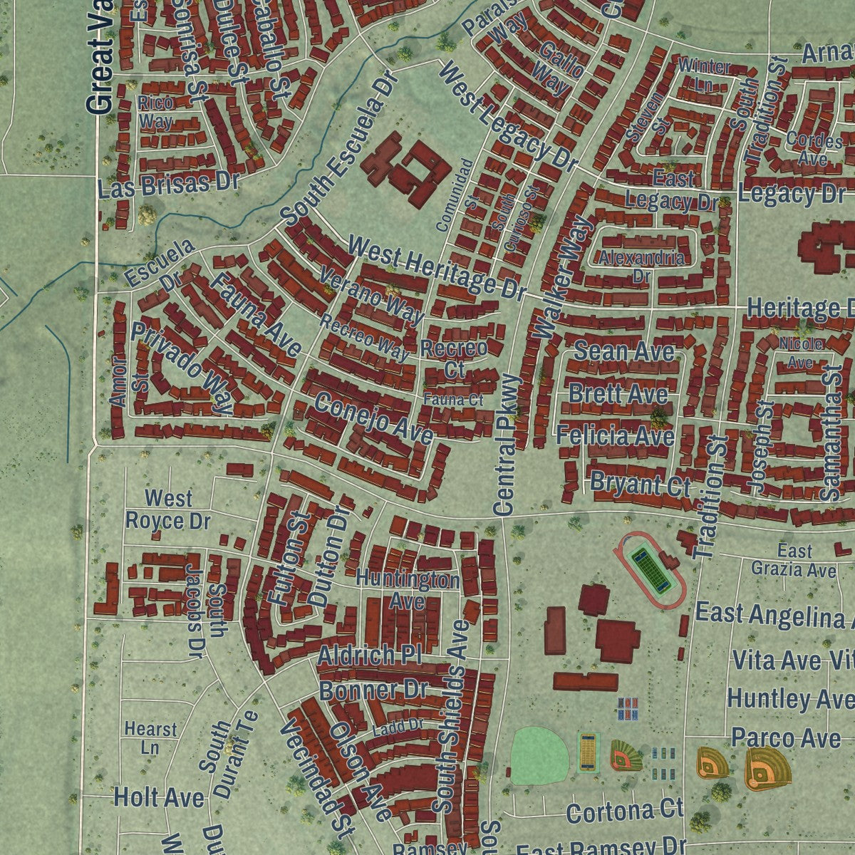Close-up of the map of Mountain House, California print showing street and building detail