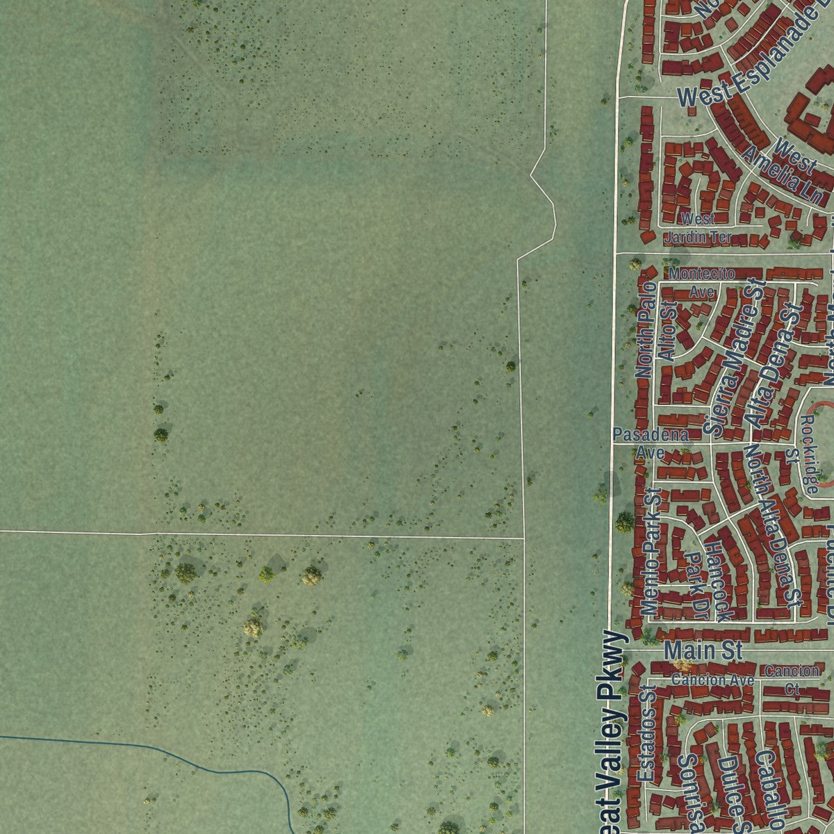 Second close-up of the map of Mountain House, California print showing more streets and buildings