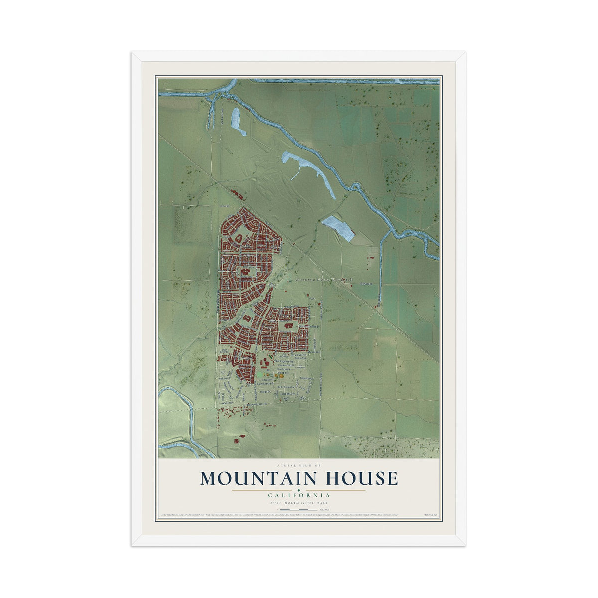 Map of Mountain House, California, 12 x 18 inch print in a white wood frame