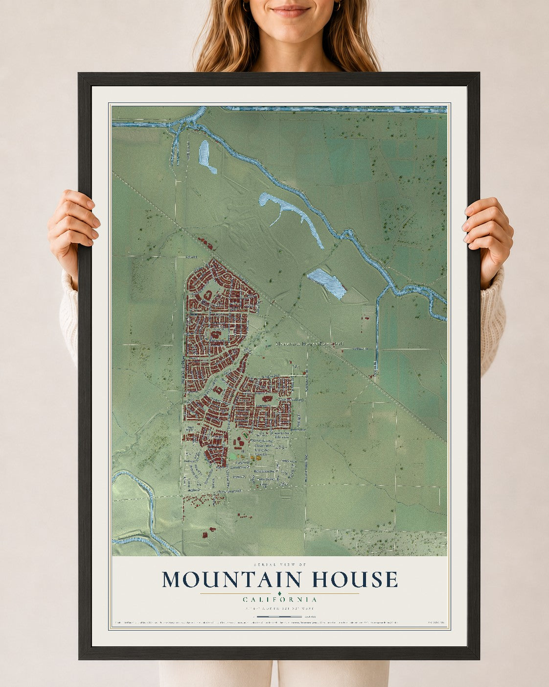 Map of Mountain House, California, 24 x 36 inch print in a black wood frame