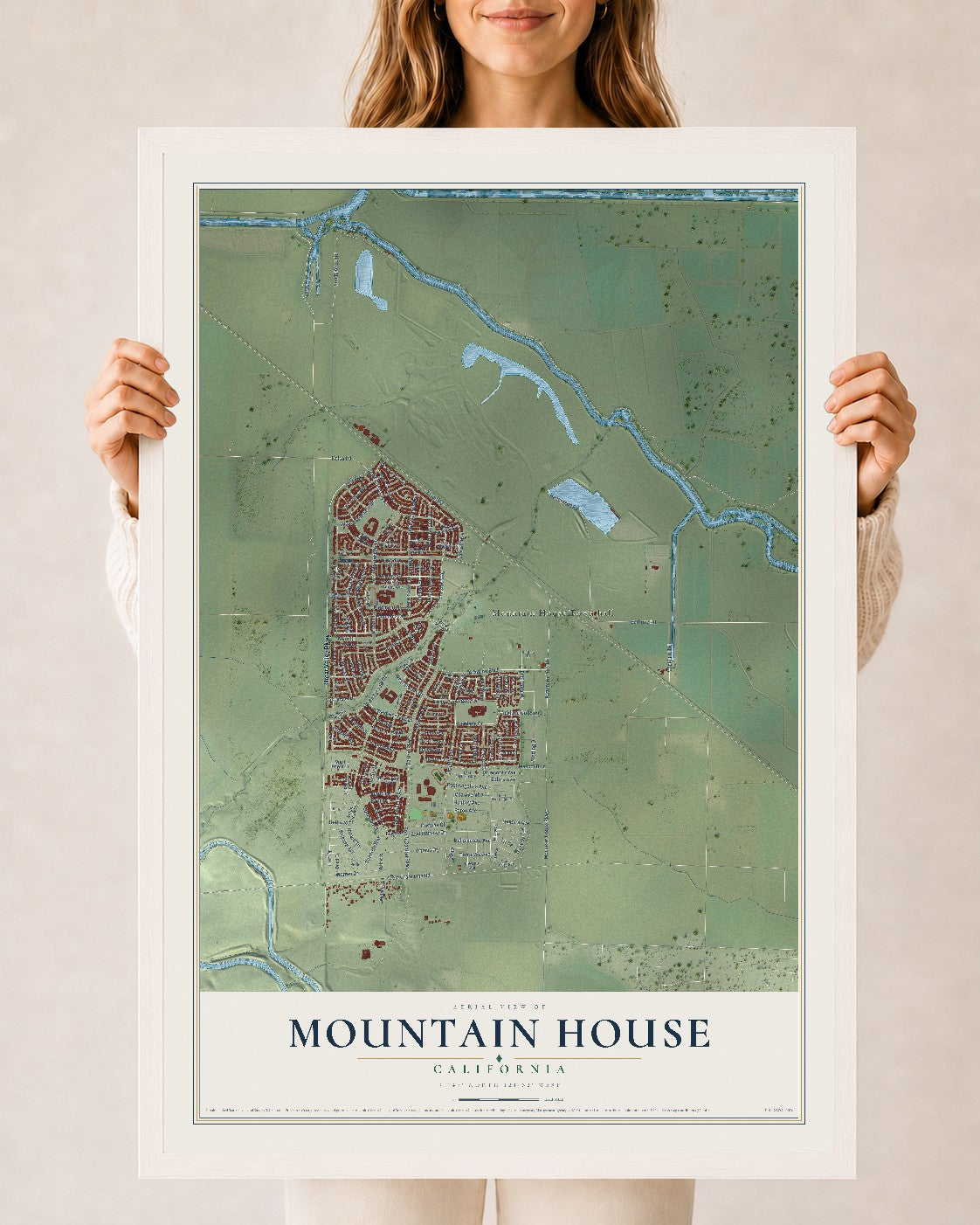 Map of Mountain House, California, 24 x 36 inch print in a white wood frame