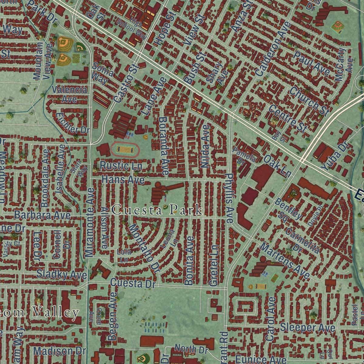 Close-up of the map of Mountain View, California print showing street and building detail