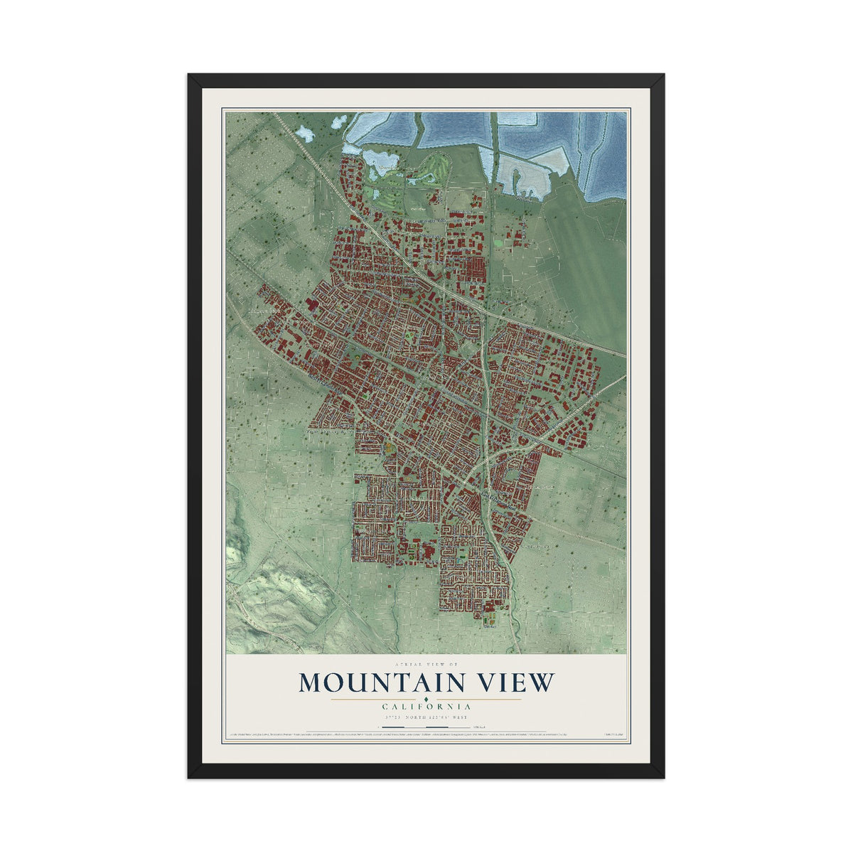 Map of Mountain View, California, 12 x 18 inch print in a black wood frame
