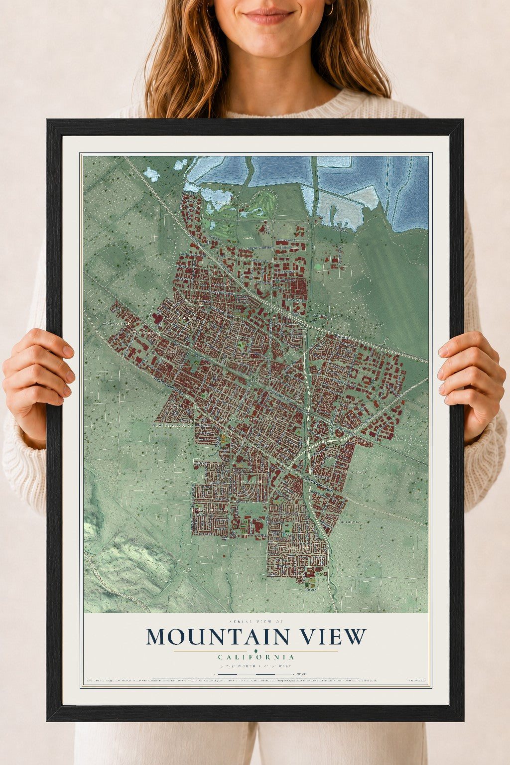 Map of Mountain View, California, 18 x 24 inch print in a black wood frame