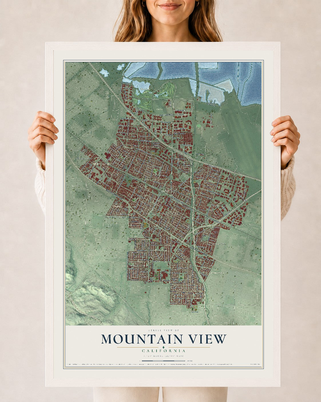Map of Mountain View, California, 24 x 36 inch print in a white wood frame