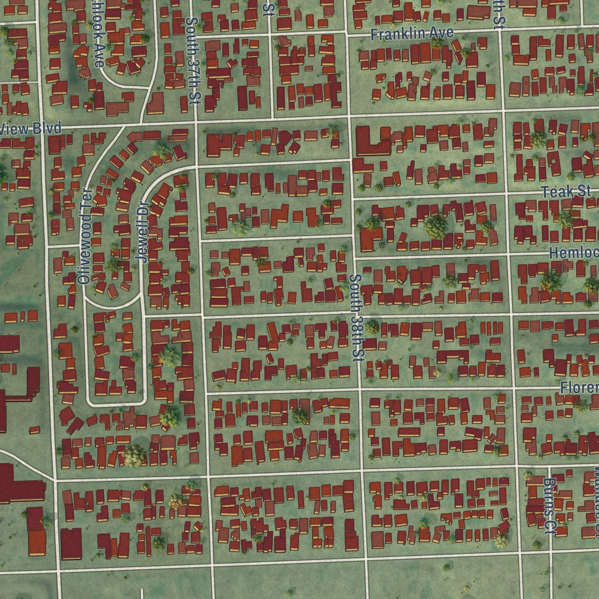 Close-up of the map of Mountain View, San Diego, California print showing street and building detail