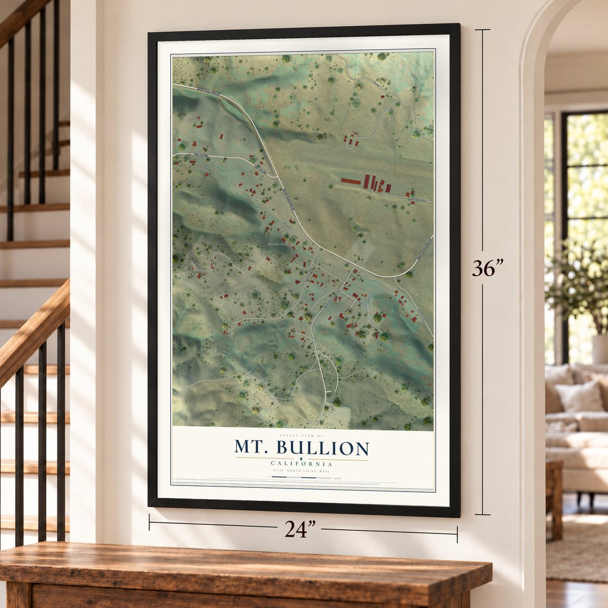 Mt. Bullion, California map, 24 x 36 inch print in a black frame by a staircase