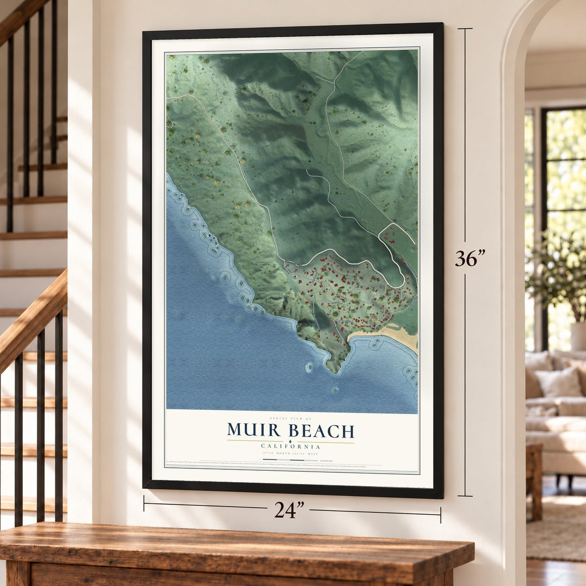 Muir Beach, California map, 24 x 36 inch print in a black frame by a staircase