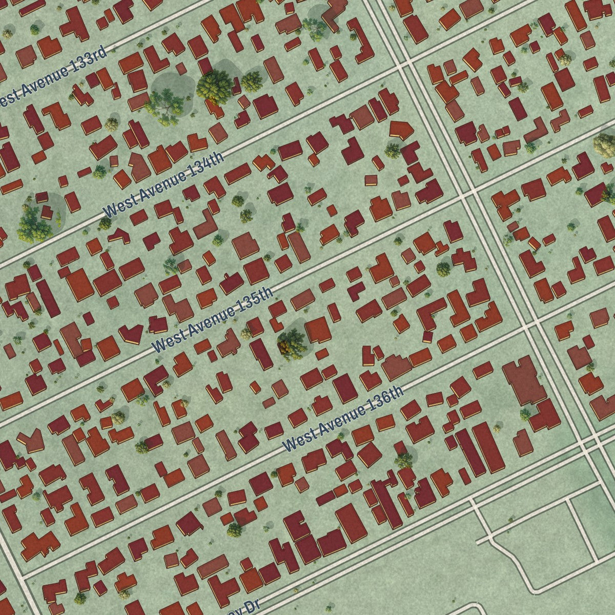 Close-up of the map of Mulford Gardens, California print showing street and building detail