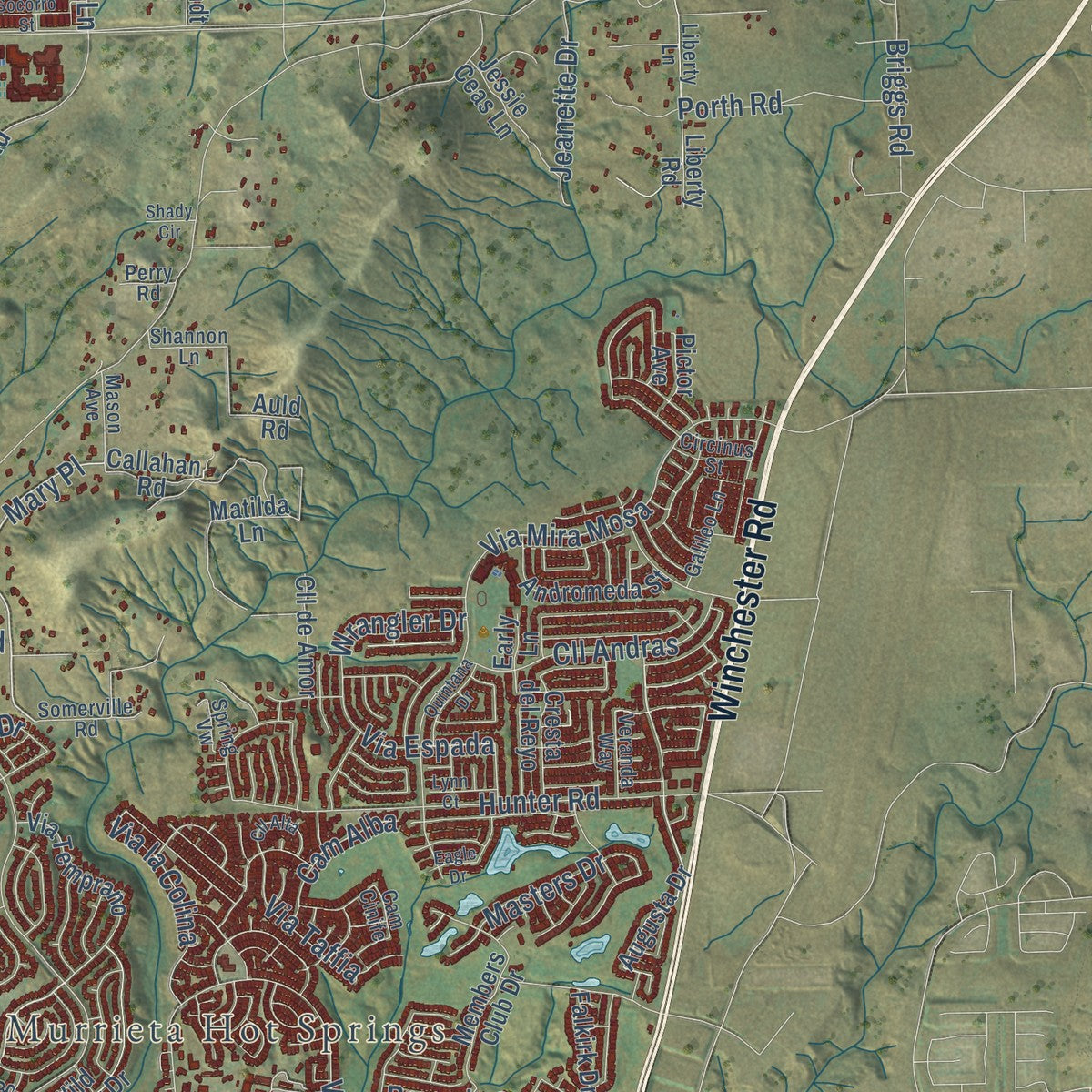 Second close-up of the map of Murrieta, California print showing more streets and buildings
