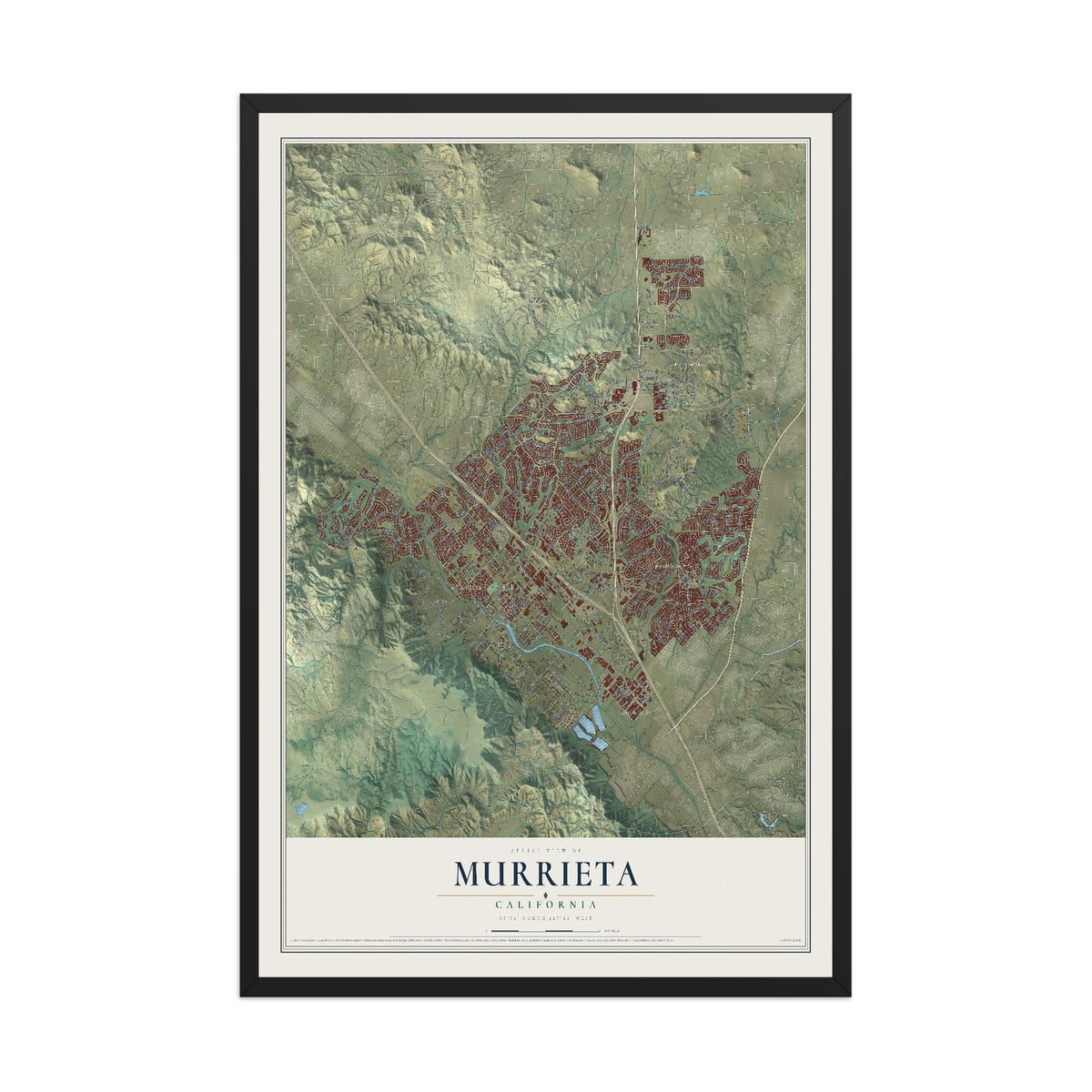 Map of Murrieta, California, 12 x 18 inch print in a black wood frame