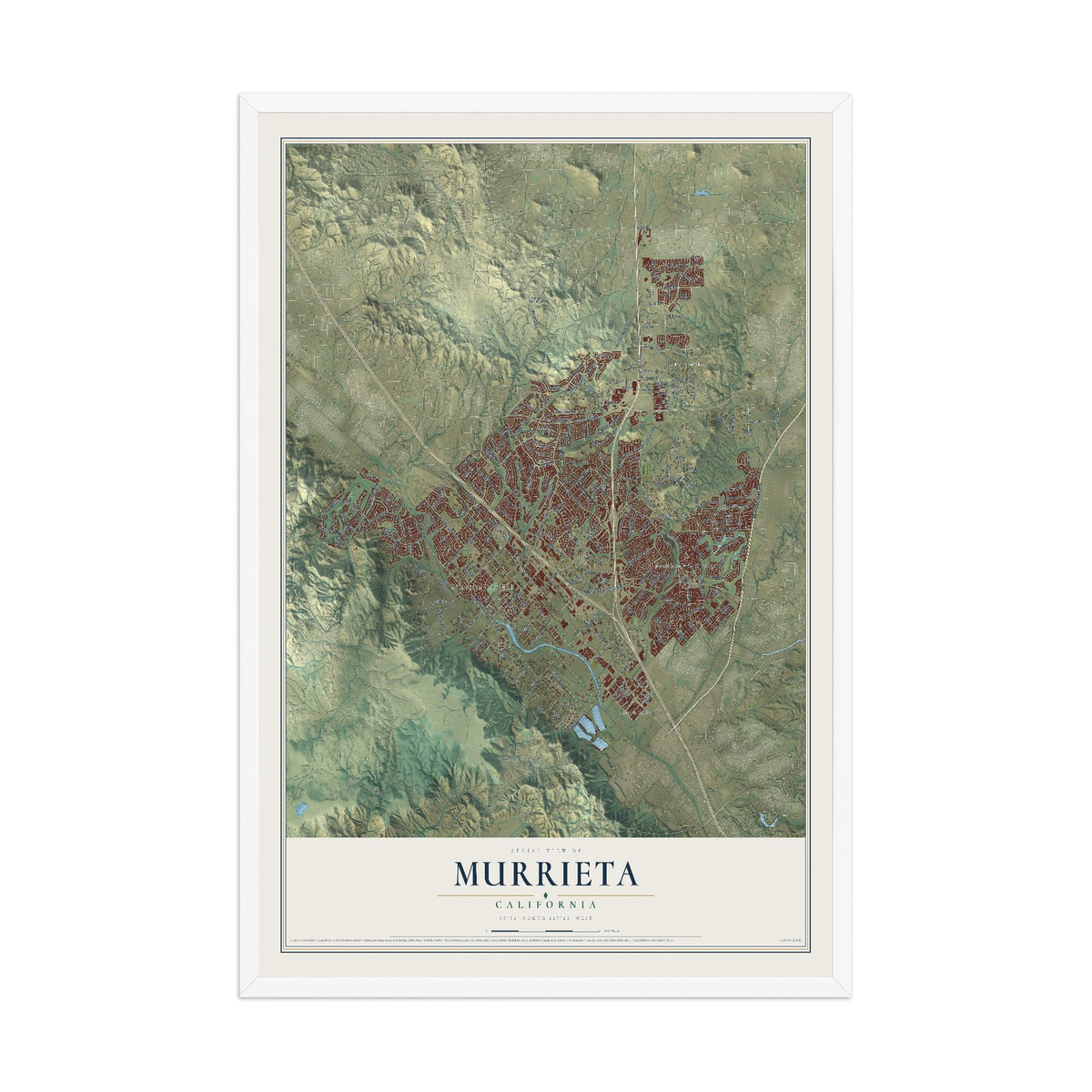 Map of Murrieta, California, 12 x 18 inch print in a white wood frame
