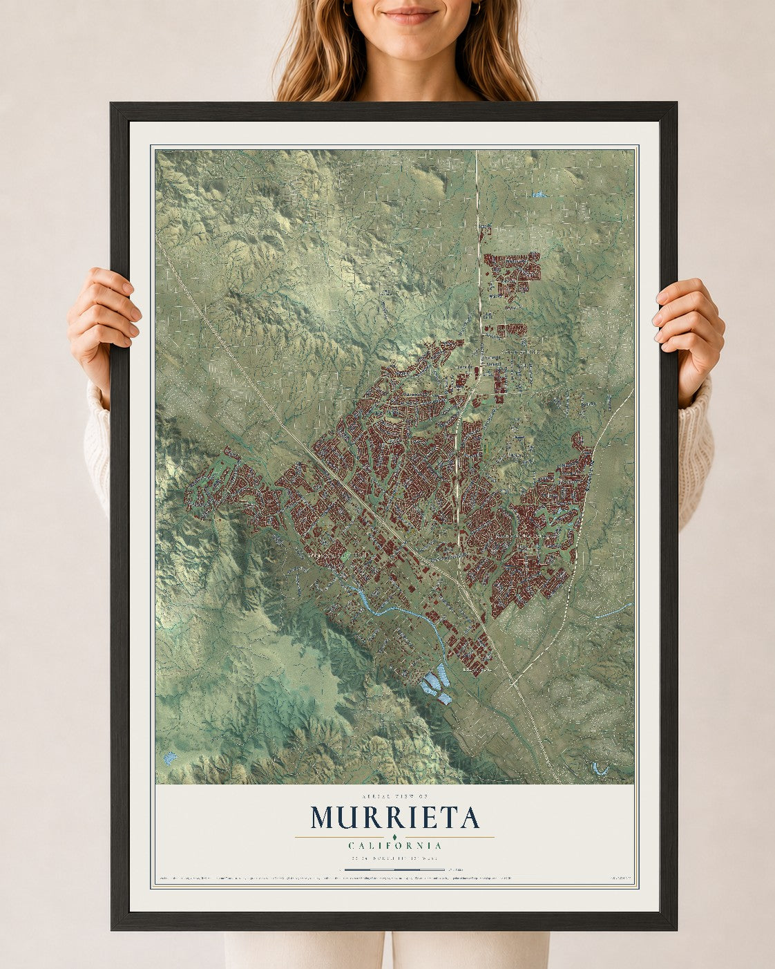 Map of Murrieta, California, 24 x 36 inch print in a black wood frame