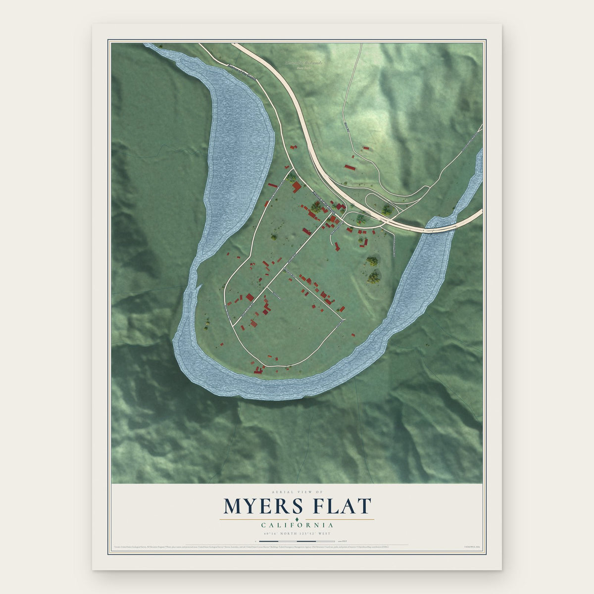 Myers Flat, California map print, the full design