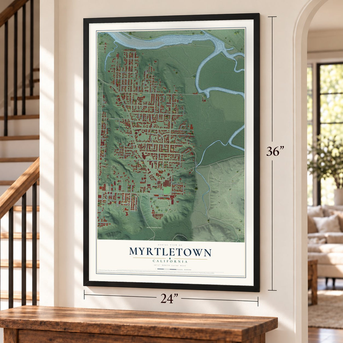Myrtletown, California map, 24 x 36 inch print in a black frame by a staircase