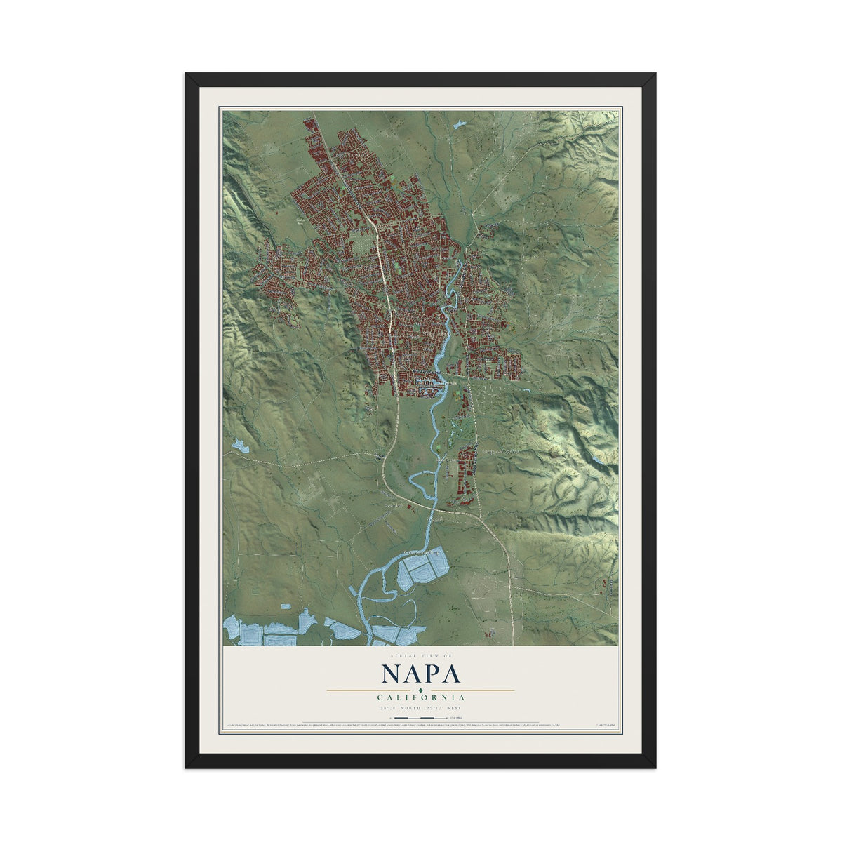 Map of Napa, California, 12 x 18 inch print in a black wood frame