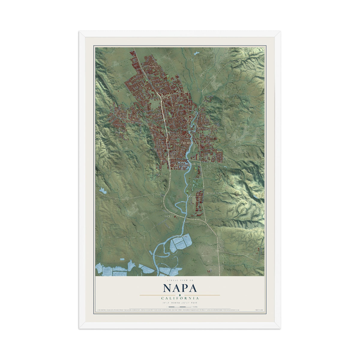 Map of Napa, California, 12 x 18 inch print in a white wood frame
